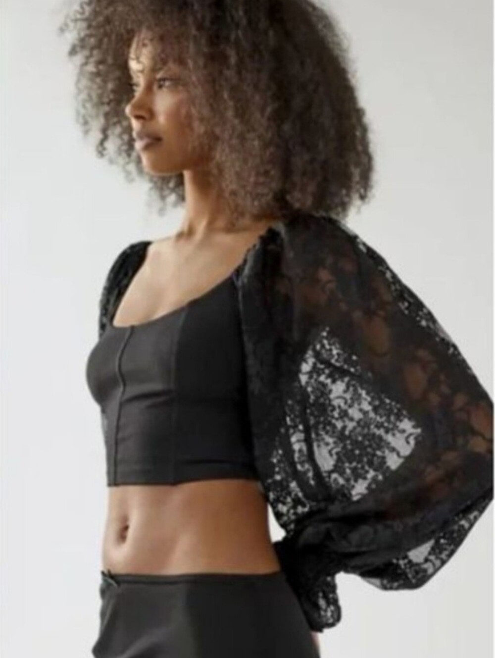 UO Black Lace Puffy Sleeve Crop Top Small Fairy Whimsigoth Grunge Coquette